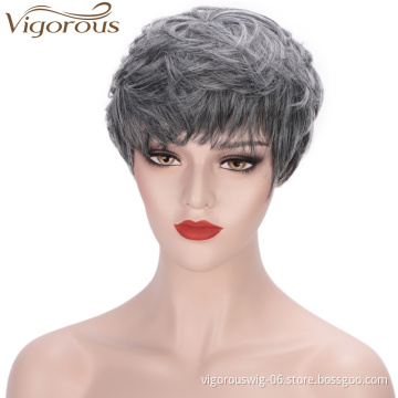 Vigorous Grey Mixed Black Short Bob Wig with Bangs Synthetic Hair Bob Wigs for White Black Women